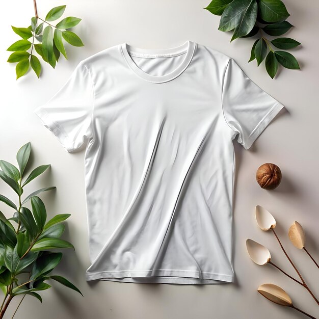 Photo a clean and minimal mockup of a white t shirt with green foliage and natural elements for branding design and advertising purposes