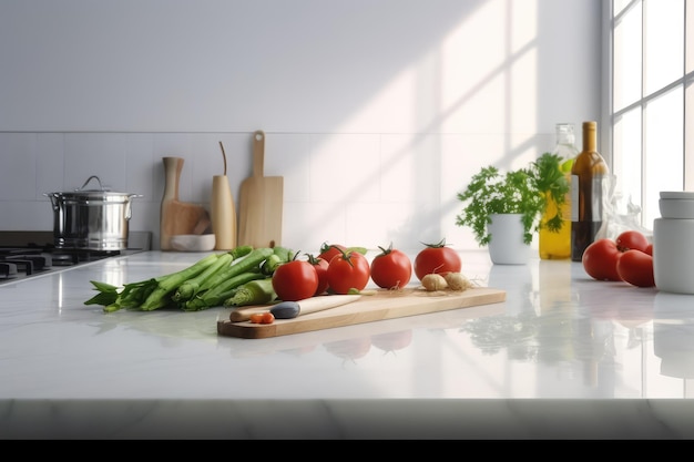 Clean minimal white marble kitchen countertop AI