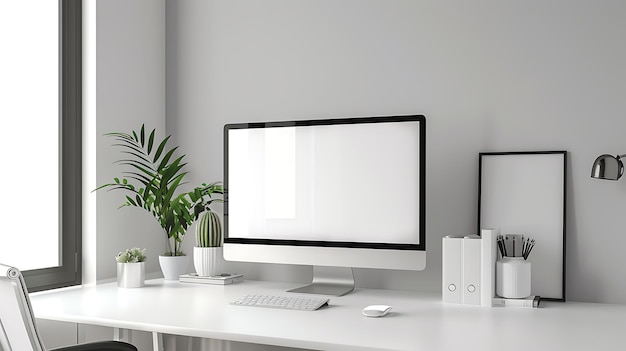 A clean and minimal workspace with a large iMac mockup perfect for showcasing your latest web design projects