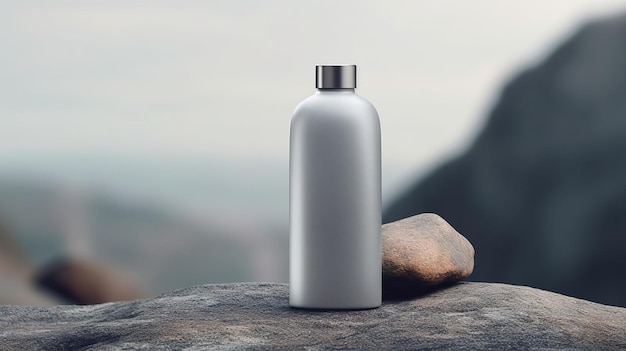 Clean and minimalist cosmetic bottle on stone Generative AI