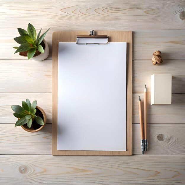 Photo a clean and minimalist desktop workspace with a clipboard pencils and potted plants