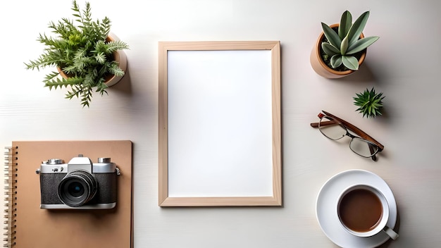 Photo a clean and minimalist flat lay with a vintage camera a wooden frame with a white background a cup of coffee a notebook and two potted plants