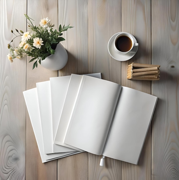 Photo a clean and minimalist mockup featuring a blank open book a cup of coffee a vase with flowers and a stack of wooden blocks on a natural wood tabletop