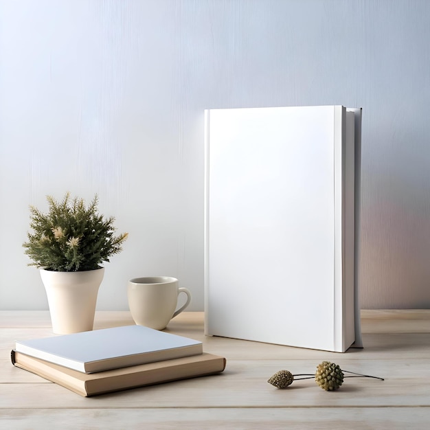 Photo clean and minimalist mockup featuring a blank white book a cup of coffee a potted plant and two books on a wooden table