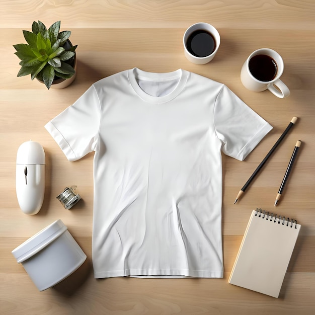 Photo a clean minimalist mockup featuring a blank white t shirt a notepad pencils coffee cups and other office supplies on a light wooden table