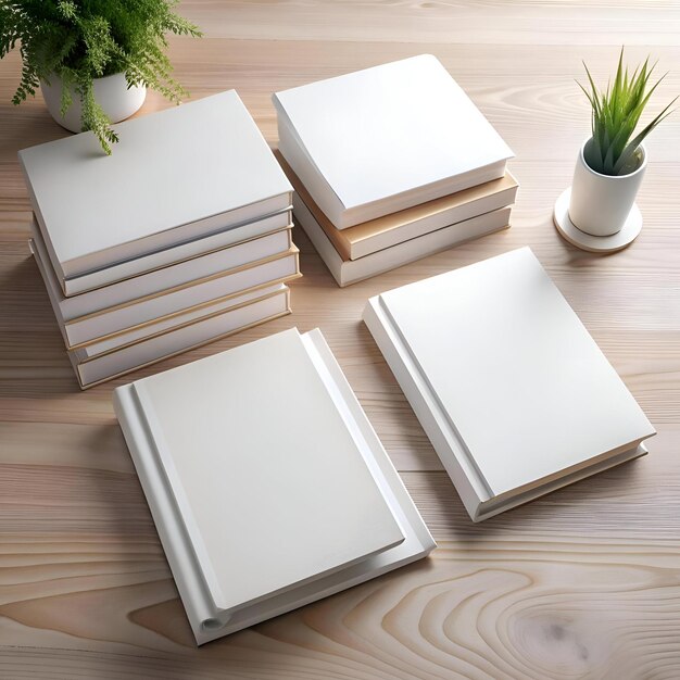 Photo clean and minimalist mockup featuring four blank books on a wooden surface