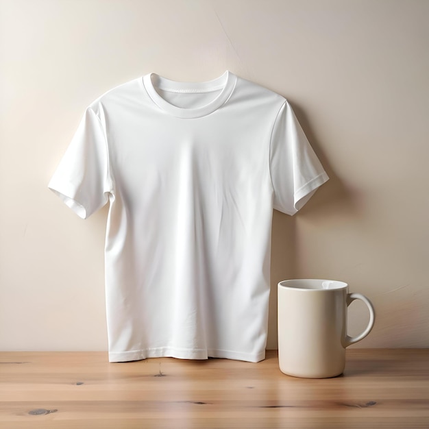 Photo clean and minimalist mockup featuring a white t shirt and a plain coffee mug on a wooden table