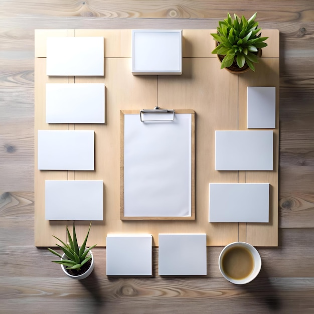 Photo clean and minimalist mockup with blank white cards clipboard and a potted plant on a wooden background