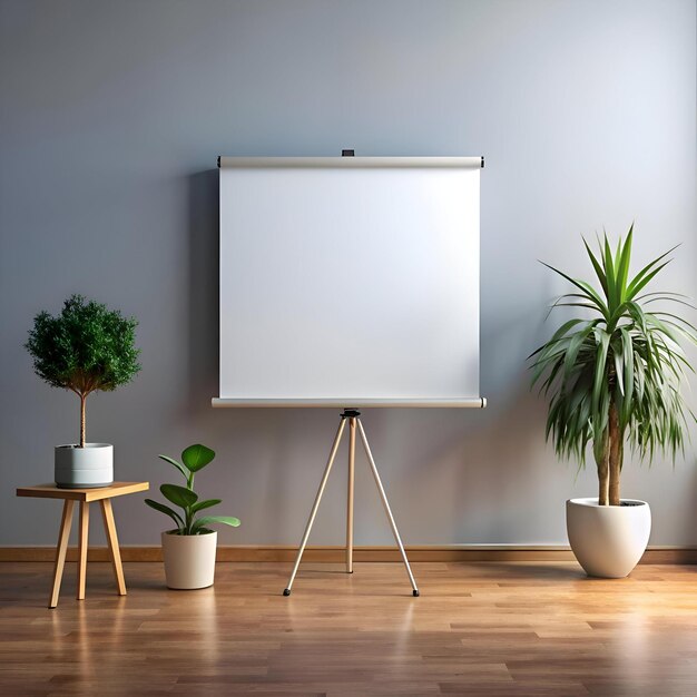 A clean and minimalist presentation mockup featuring a blank projector screen on a tripod stand