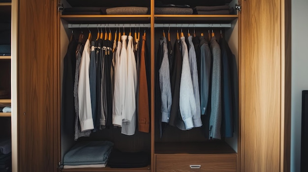 Clean minimalist wardrobe with open doors revealing neatly organized clothes