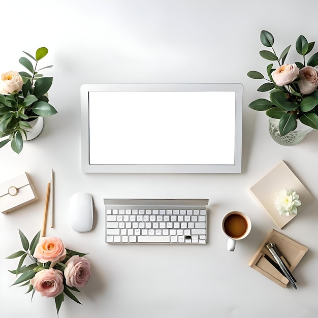 Clean and minimalist white desk workspace with a computer monitor keyboard mouse coffee cup pens and fresh flowers