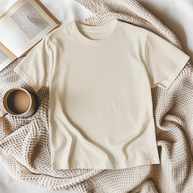 Photo clean and modern cream tshirt mockup featuring wooden table