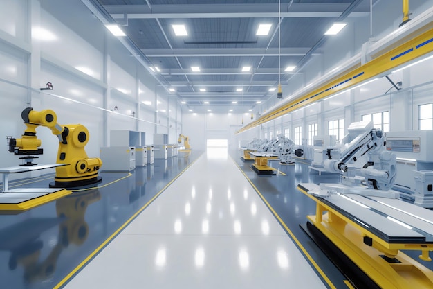 Clean and modern factory workshop with robotic arms manufacturing high tech components