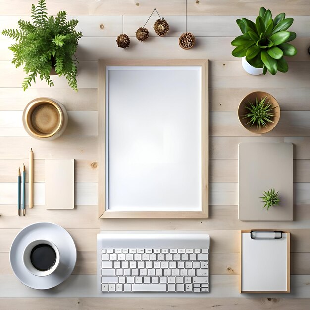 Photo a clean and modern flat lay composition featuring a blank frame keyboard notepad and various plants on a wood background