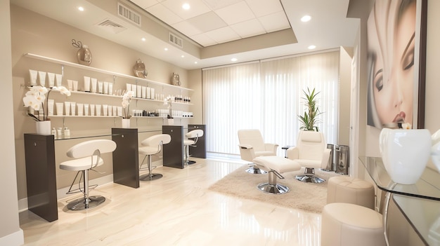 A clean modern hair salon with white furniture and a woodpaneled wall