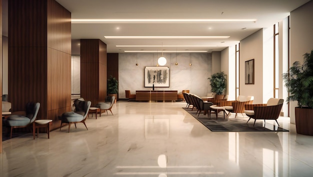 A clean and modern lobby with furniture and tables