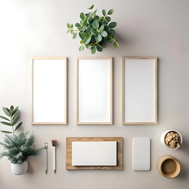 Photo clean and modern mockup featuring three wooden frames a wooden tray with a blank card and other minimalist design elements