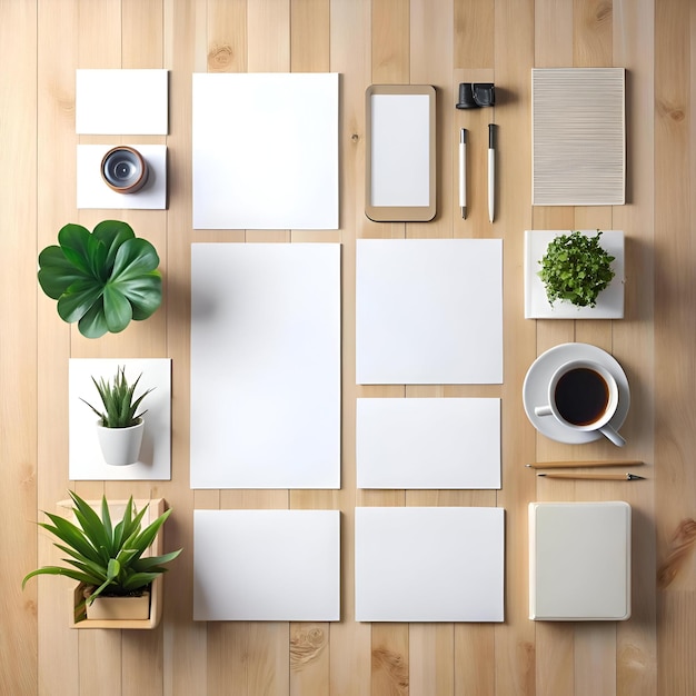 Photo a clean and modern mockup featuring a variety of blank stationery items on a natural wood background perfect for showcasing your branding or design projects