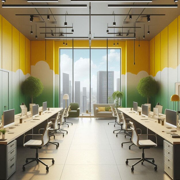 Clean modern office room design with vibrant wall color with separate desk