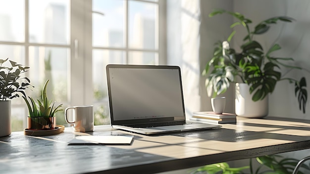 clean and modern office workspace with a laptop and notepad soft natural light