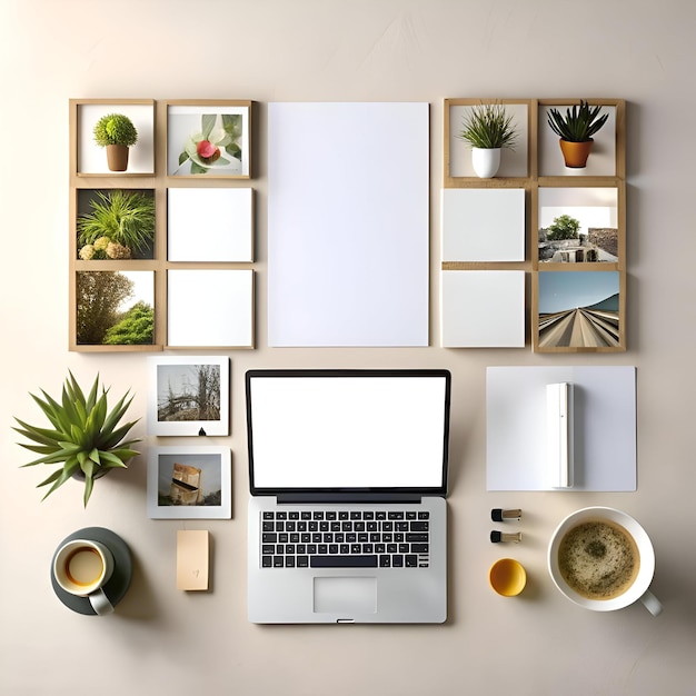 Photo a clean and modern workspace with a laptop a cup of coffee and blank frames perfect for showcasing your latest design project or brand