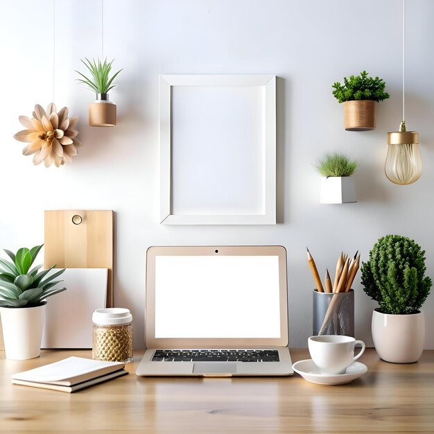 Photo a clean and modern workspace with a laptop plants and a blank frame ready for your design