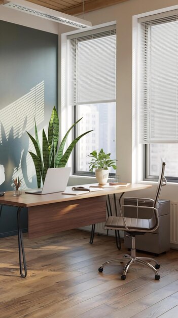 Clean office interior with mock up place workplace desk laptop chr decorative plant blinds and dayl