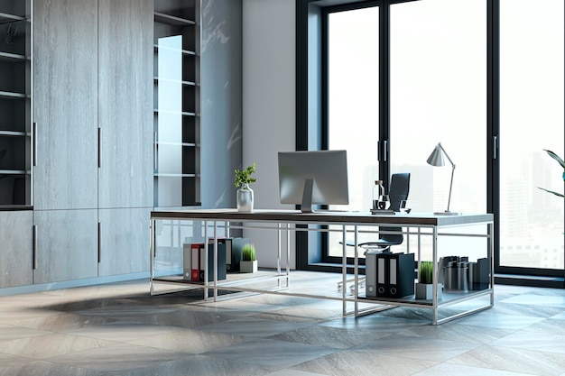 Clean office interior with panoramic windows and city view workplace and other objects 3D Rendering