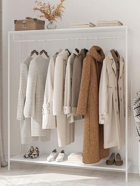 Photo a clean and organized closet featuring a selection of essential outerwear