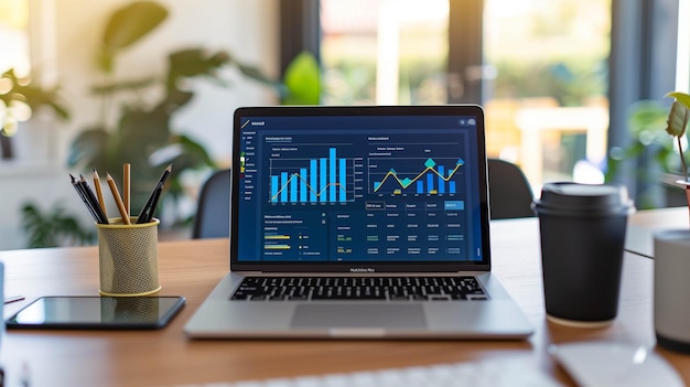 clean and organized desk setup featuring a laptop showcasing a dashboard interface