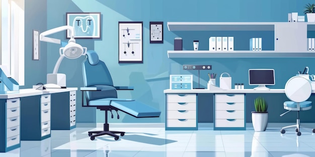 Photo a clean and organized medical office with a blue chair and a desk