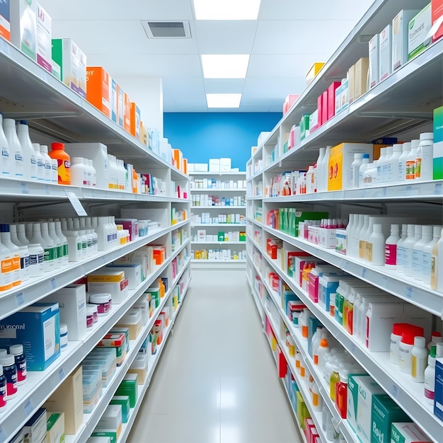 Clean and Organized Pharmacy Interior with Stocked Shelves