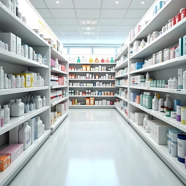 Photo clean and organized pharmacy interior with stocked shelves