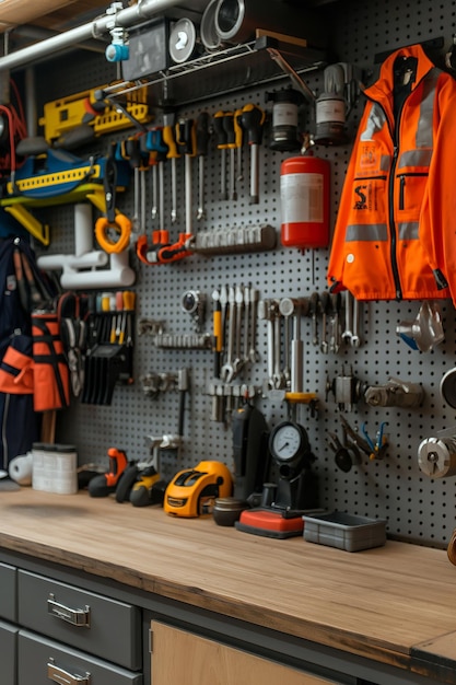 Photo a clean and organized workspace of a plumber featuring a workbench with neatly arranged tools various pipe fittings and safety gear hanging on the wall