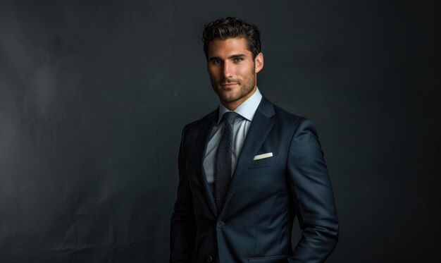 Photo clean portrait of a man in a modern slimfit suit against a plain dark backdrop