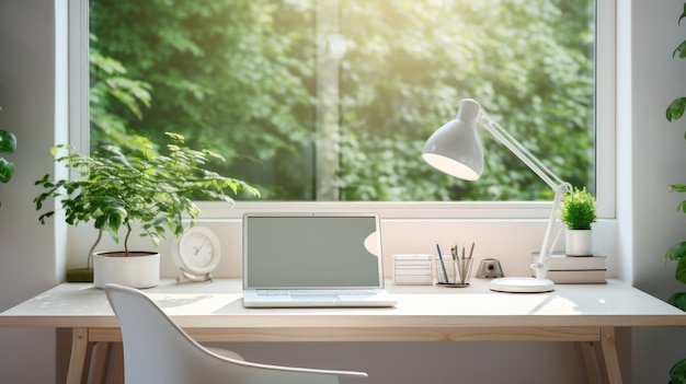 Clean and simple home office with a white desk and potted plants