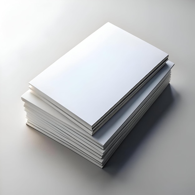 A clean and simple image of a stack of blank brochures or magazines on a white background