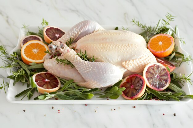 Clean and simple image of an uncooked whole chicken lying on its back ready for preparation isolated on a white background