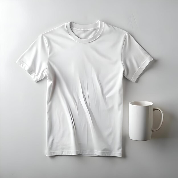 Photo a clean and simple mockup of a white t shirt and a mug perfect for showcasing your designs and branding