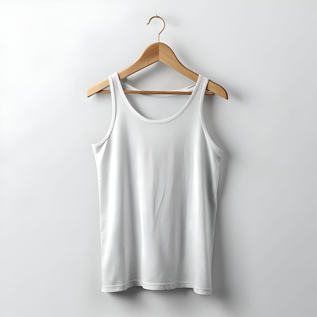 A clean and simple white tank top mockup hanging on a wooden hanger