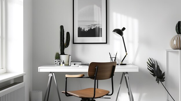 Photo clean and simple workspace with a wooden chair small potted cactus and black desk lamp