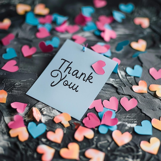 Photo clean and sleek photo of a handwritten note with thank you surrounded by heart shaped stickers