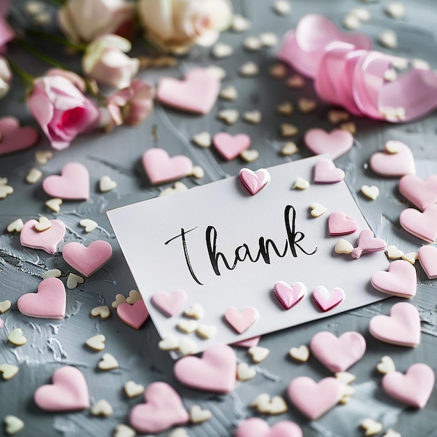 Photo clean and sleek photo of a handwritten note with thank you surrounded by heart shaped stickers