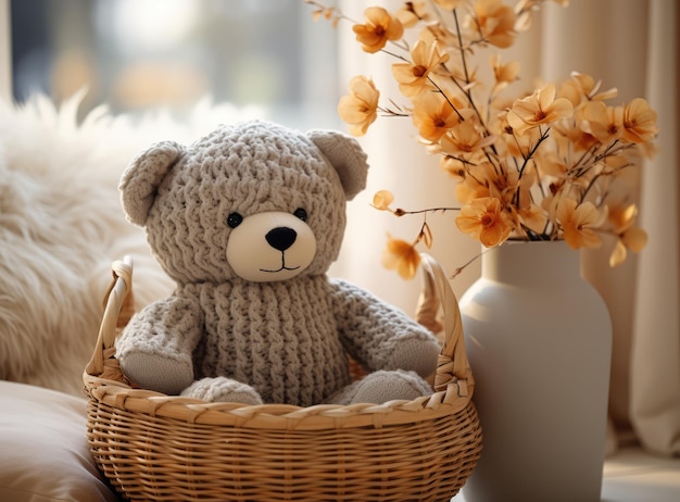 Clean soft cute teddy bear in a laundry basket The theme of comfort and cleanliness