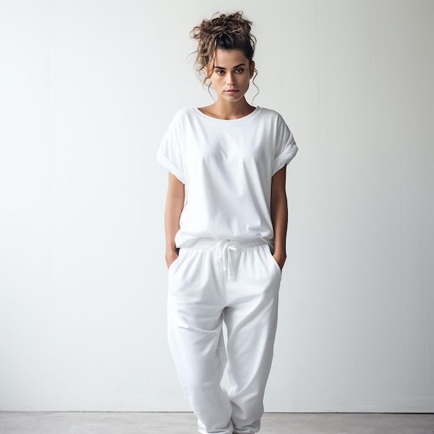 Clean and Stylish HighResolution Shots of Female Model in White TShirt and Joggers