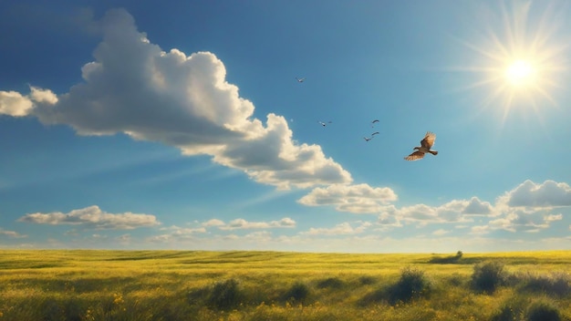 A clean sunny sky landscape photo with birds flying on sky nature background