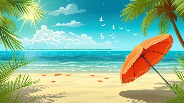 Clean sunny summer beach background banner illustration with summer ocean sea umbrella sun palm tree