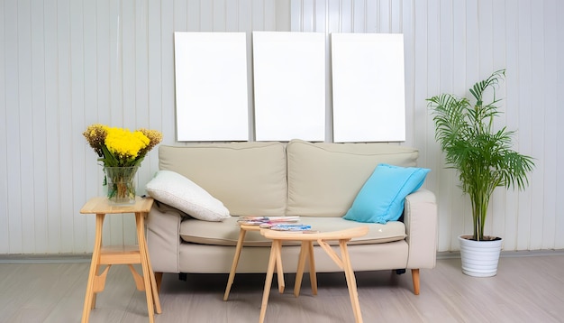 A clean and tidy family room with canvas and a spacious room with a vase of flowers as an interior