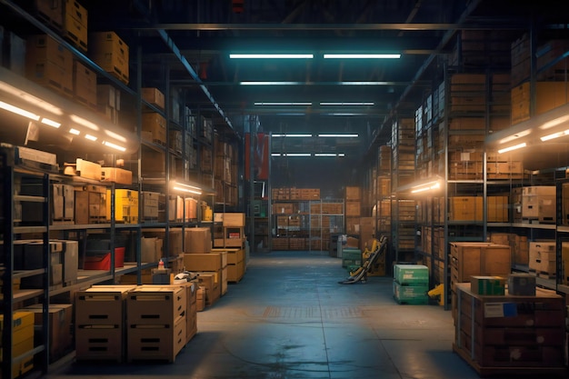 The clean and tidy warehouse offers an ideal space for keeping products in order with neat rows of shelves and cardboard boxes