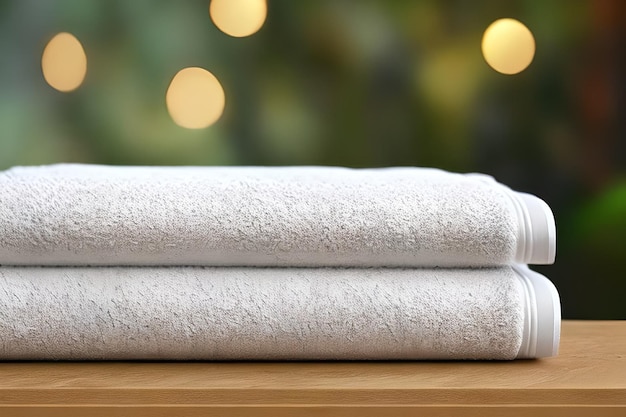 Clean two white color folded towel nice and tidy stack each other at the outdoor table for fitness bath swimming massage and spa marketing background and design material